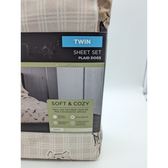 Cuddl Duds Twin Sheet Set Soft & Cozy Warm Plaid Dogs Pug Lab Beagle Shepard NEW - Picture 3 of 4